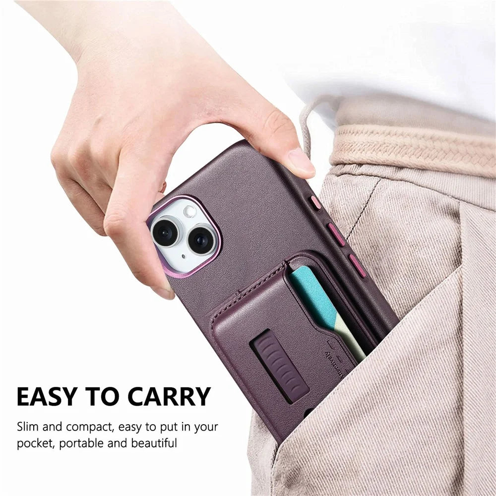 For iPhone 15 Case Compatible with MagSafe Detachable Card Bag with Finger Ring Strap PU Leather Coated TPU Phone Cover - Purple - 7