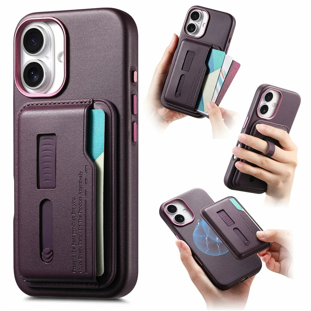 For iPhone 16 Case Compatible with MagSafe Detachable Card Bag with Finger Ring Strap PU Leather Coated TPU Phone Cover - Purple - 1