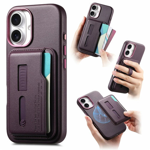 For iPhone 16 Case Compatible with MagSafe Detachable Card Bag with Finger Ring Strap PU Leather Coated TPU Phone Cover - Purple - 1