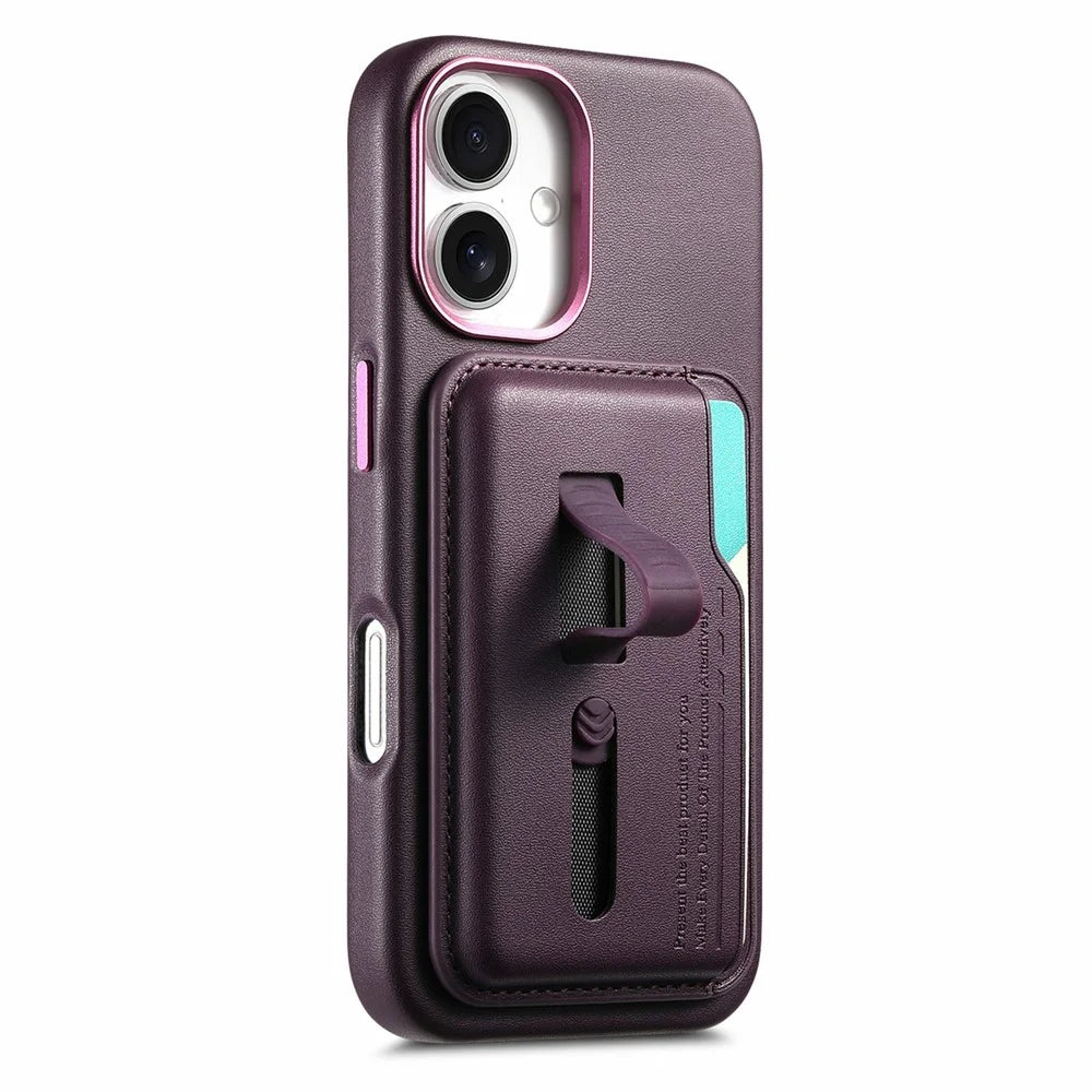 For iPhone 16 Case Compatible with MagSafe Detachable Card Bag with Finger Ring Strap PU Leather Coated TPU Phone Cover - Purple - 2