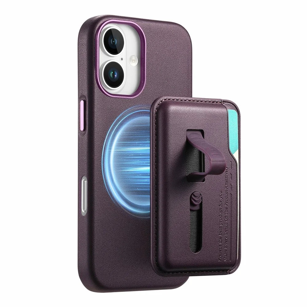For iPhone 16 Case Compatible with MagSafe Detachable Card Bag with Finger Ring Strap PU Leather Coated TPU Phone Cover - Purple - 3