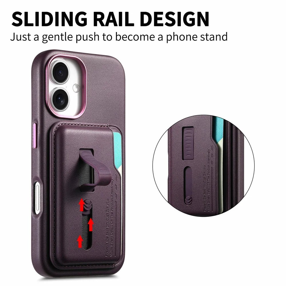 For iPhone 16 Case Compatible with MagSafe Detachable Card Bag with Finger Ring Strap PU Leather Coated TPU Phone Cover - Purple - 5