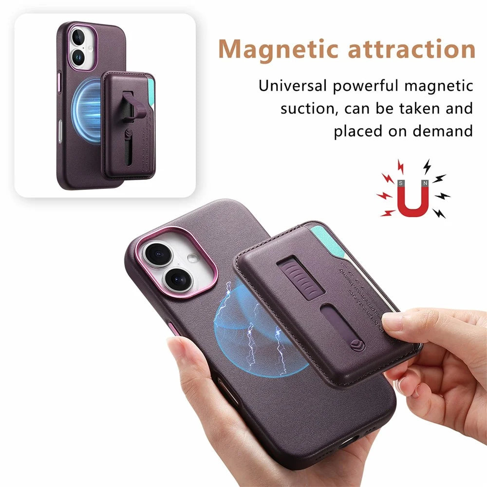 For iPhone 16 Case Compatible with MagSafe Detachable Card Bag with Finger Ring Strap PU Leather Coated TPU Phone Cover - Purple - 6