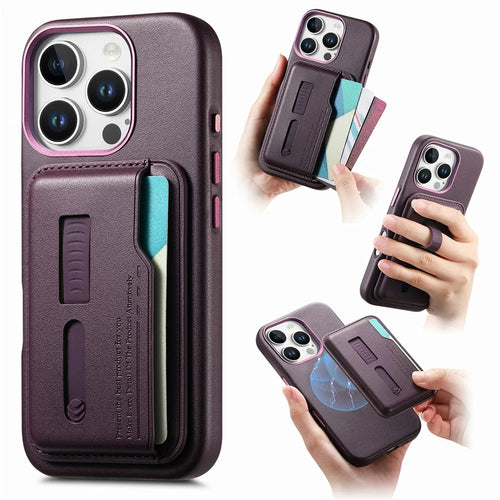 For iPhone 16 Pro Case Compatible with MagSafe Detachable Card Bag with Finger Ring Strap PU Leather Coated TPU Phone Cover - Purple - 1