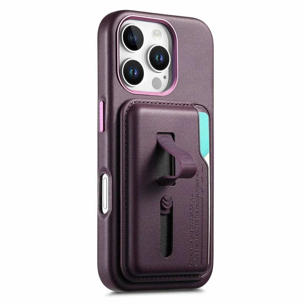 For iPhone 16 Pro Case Compatible with MagSafe Detachable Card Bag with Finger Ring Strap PU Leather Coated TPU Phone Cover - Purple - 2