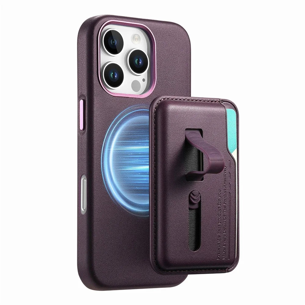 For iPhone 16 Pro Case Compatible with MagSafe Detachable Card Bag with Finger Ring Strap PU Leather Coated TPU Phone Cover - Purple - 3