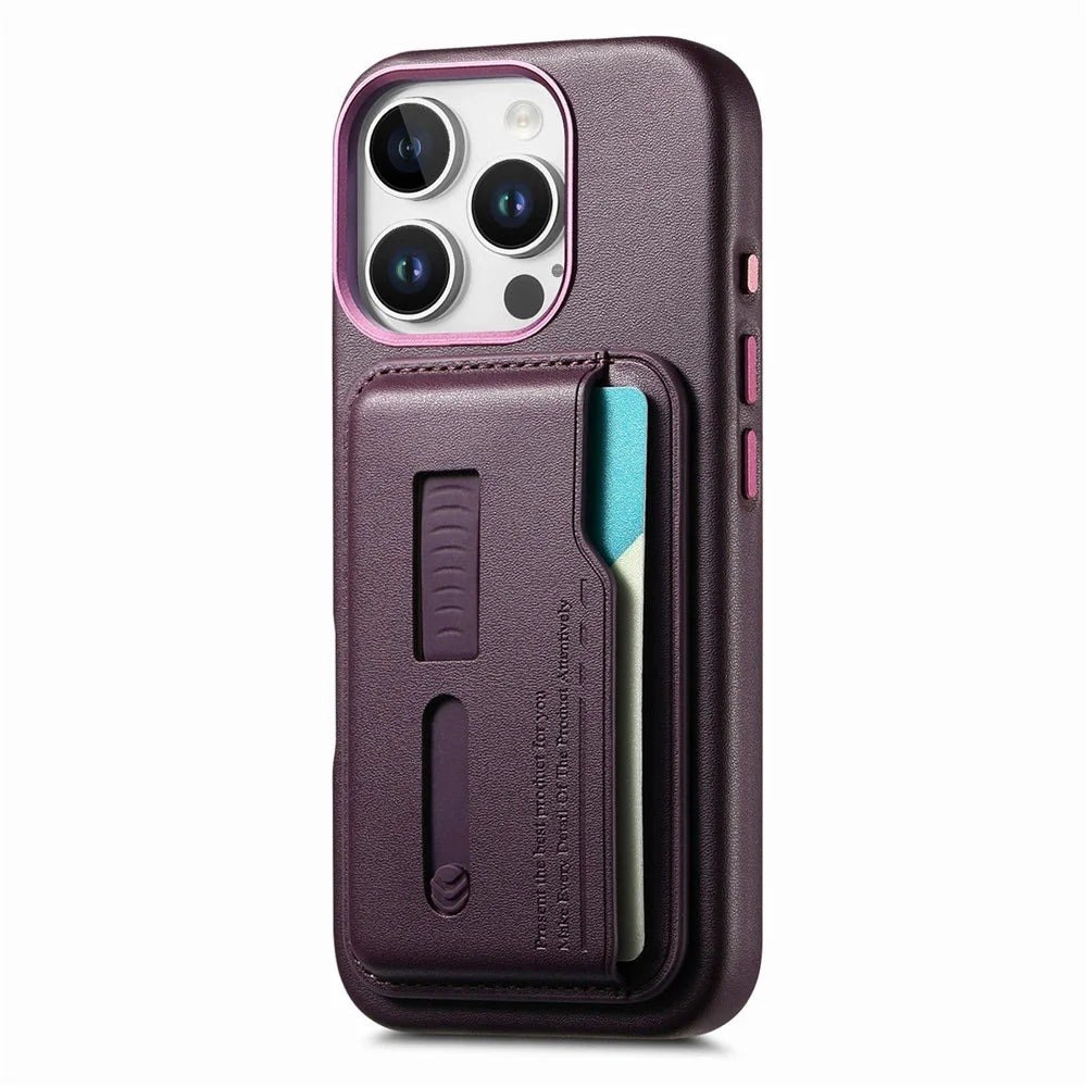 For iPhone 16 Pro Case Compatible with MagSafe Detachable Card Bag with Finger Ring Strap PU Leather Coated TPU Phone Cover - Purple - 4