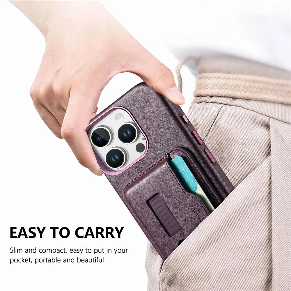 For iPhone 16 Pro Case Compatible with MagSafe Detachable Card Bag with Finger Ring Strap PU Leather Coated TPU Phone Cover - Purple - 7