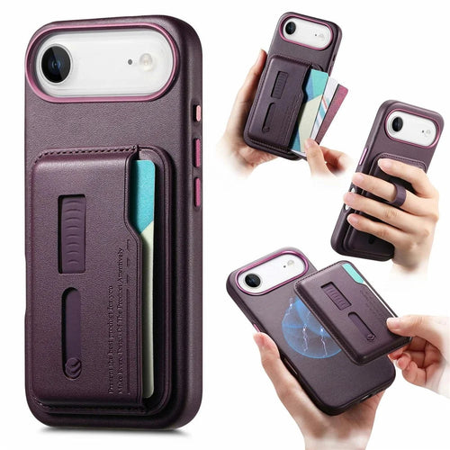 For iPhone Air Case Compatible with MagSafe Detachable Card Bag with Finger Ring Strap PU Leather Coated TPU Phone Cover - Purple - 1