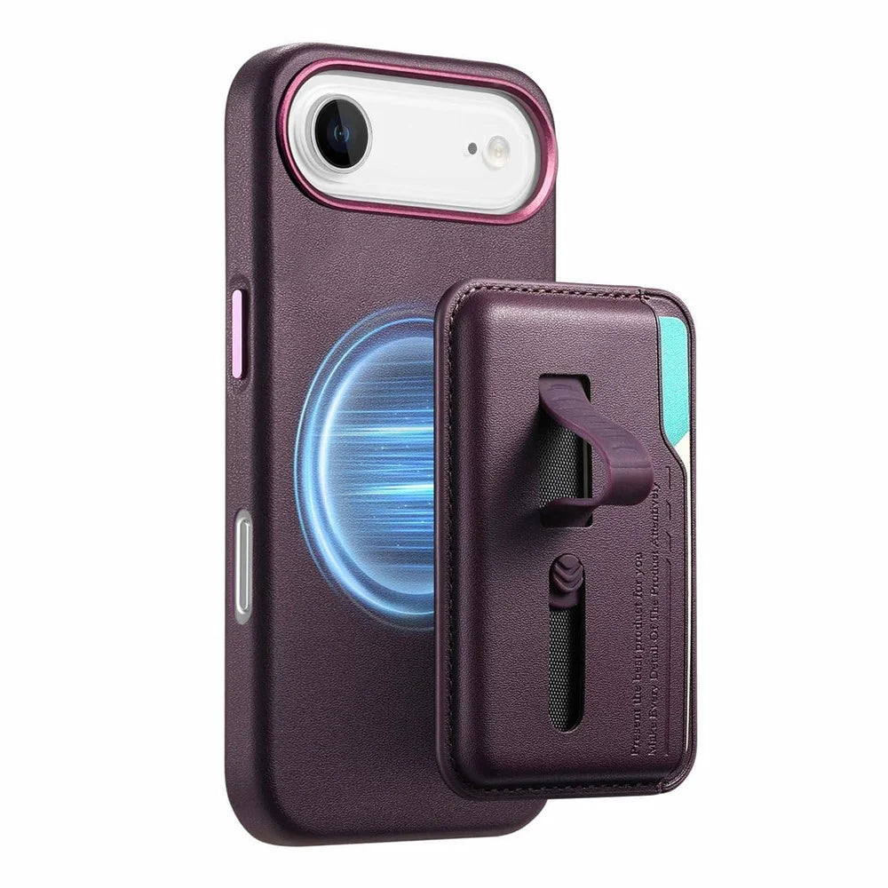 For iPhone Air Case Compatible with MagSafe Detachable Card Bag with Finger Ring Strap PU Leather Coated TPU Phone Cover - Purple - 3