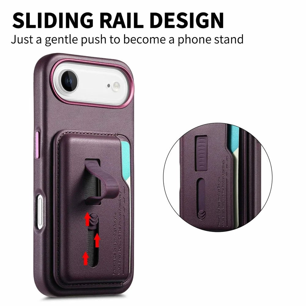 For iPhone Air Case Compatible with MagSafe Detachable Card Bag with Finger Ring Strap PU Leather Coated TPU Phone Cover - Purple - 5