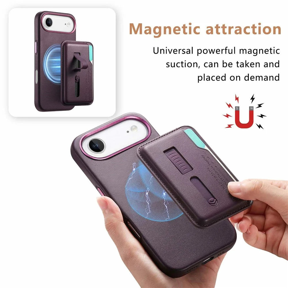 For iPhone Air Case Compatible with MagSafe Detachable Card Bag with Finger Ring Strap PU Leather Coated TPU Phone Cover - Purple - 6