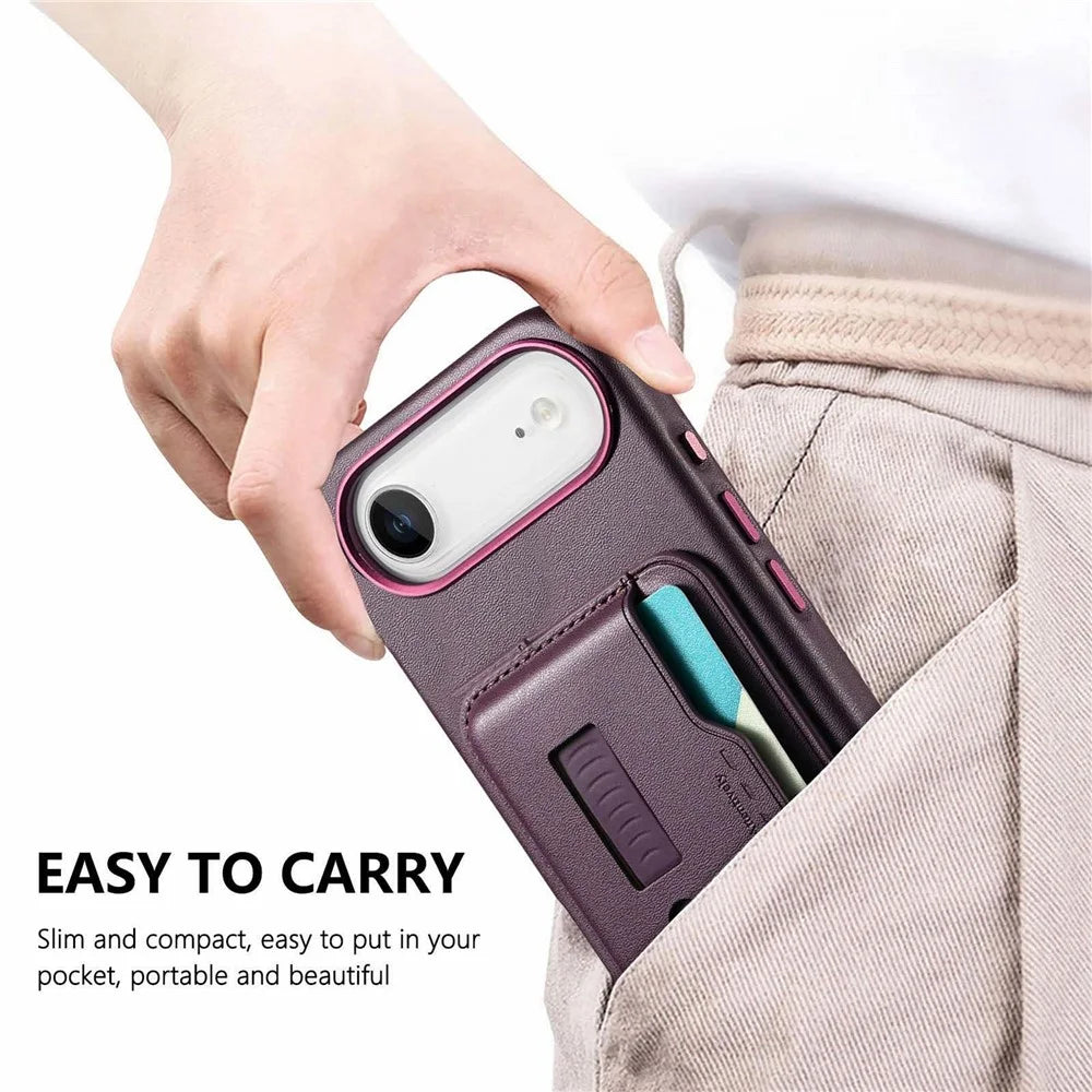 For iPhone Air Case Compatible with MagSafe Detachable Card Bag with Finger Ring Strap PU Leather Coated TPU Phone Cover - Purple - 7