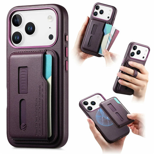 For iPhone 17 Pro Max Case Compatible with MagSafe Detachable Card Bag with Finger Ring Strap PU Leather Coated TPU Phone Cover - Purple - 1