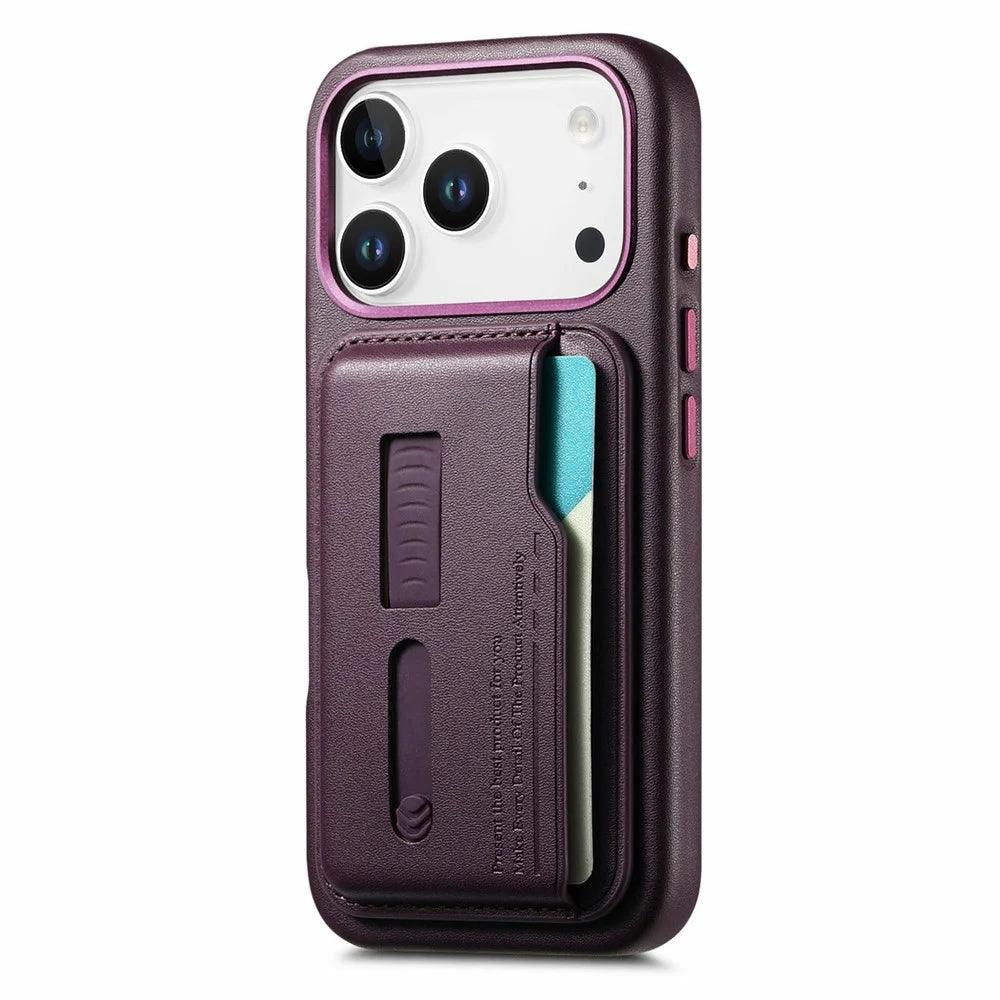 For iPhone 17 Pro Max Case Compatible with MagSafe Detachable Card Bag with Finger Ring Strap PU Leather Coated TPU Phone Cover - Purple - 4