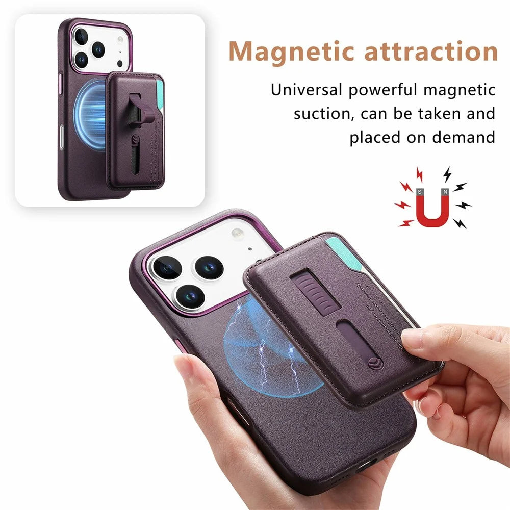 For iPhone 17 Pro Max Case Compatible with MagSafe Detachable Card Bag with Finger Ring Strap PU Leather Coated TPU Phone Cover - Purple - 6