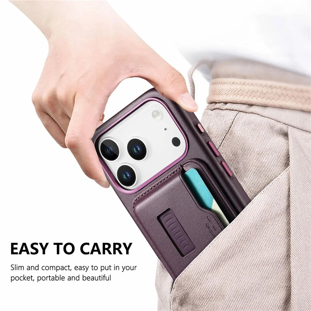 For iPhone 17 Pro Max Case Compatible with MagSafe Detachable Card Bag with Finger Ring Strap PU Leather Coated TPU Phone Cover - Purple - 7