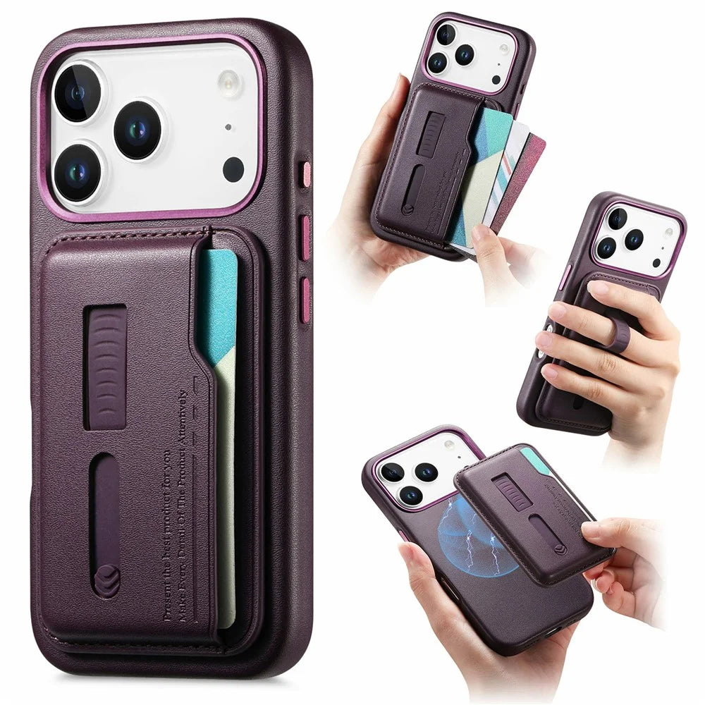 For iPhone 17 Pro Case Compatible with MagSafe Detachable Card Bag with Finger Ring Strap PU Leather Coated TPU Phone Cover - Purple - 1