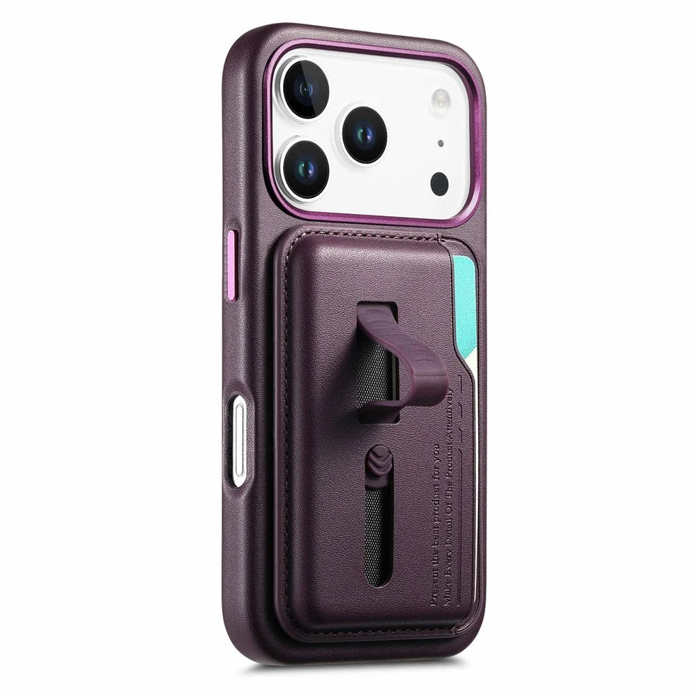 For iPhone 17 Pro Case Compatible with MagSafe Detachable Card Bag with Finger Ring Strap PU Leather Coated TPU Phone Cover - Purple - 2