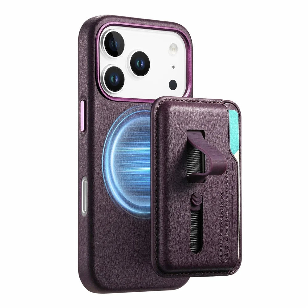 For iPhone 17 Pro Case Compatible with MagSafe Detachable Card Bag with Finger Ring Strap PU Leather Coated TPU Phone Cover - Purple - 3