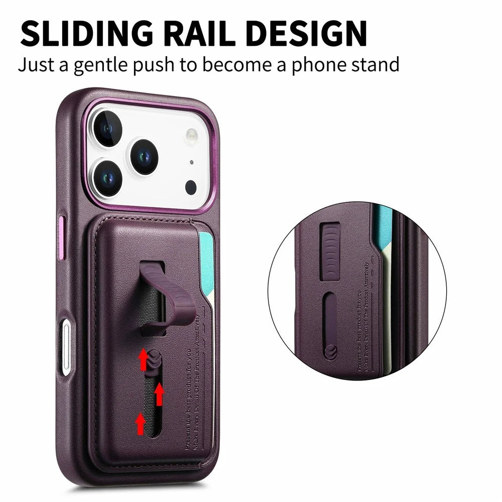 For iPhone 17 Pro Case Compatible with MagSafe Detachable Card Bag with Finger Ring Strap PU Leather Coated TPU Phone Cover - Purple - 5