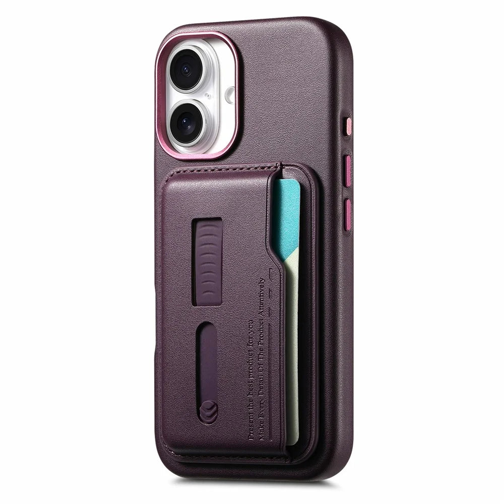 For iPhone 17 Case Compatible with MagSafe Detachable Card Bag with Finger Ring Strap PU Leather Coated TPU Phone Cover - Purple - 4