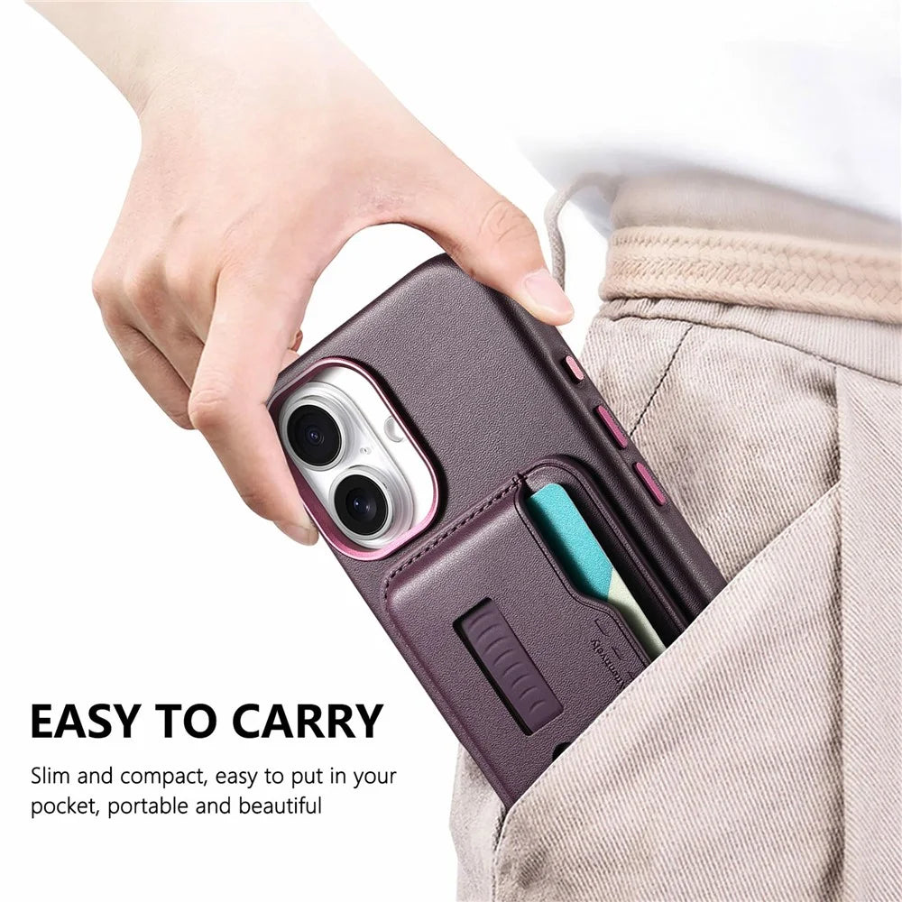 For iPhone 17 Case Compatible with MagSafe Detachable Card Bag with Finger Ring Strap PU Leather Coated TPU Phone Cover - Purple - 7