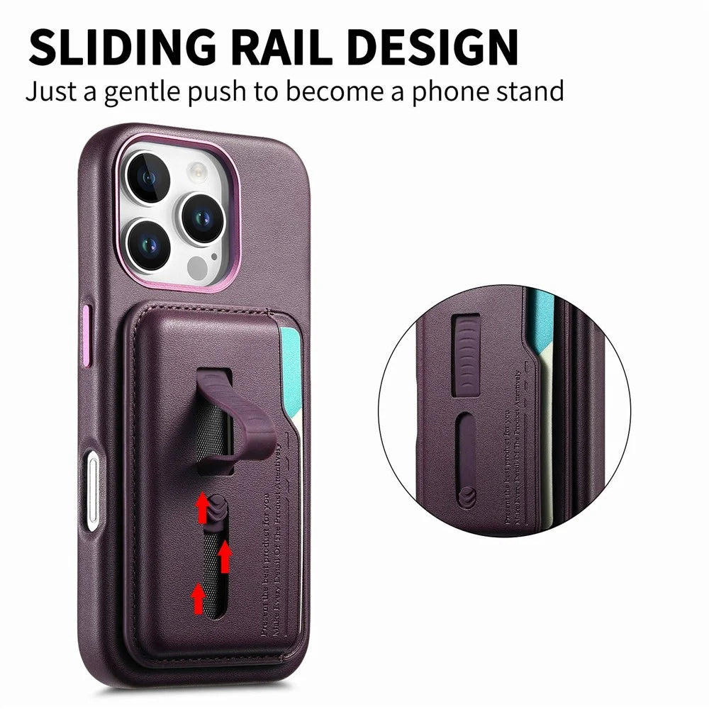 For iPhone 16 Pro Max Case Compatible with MagSafe Detachable Card Bag with Finger Ring Strap PU Leather Coated TPU Phone Cover - Purple - 5