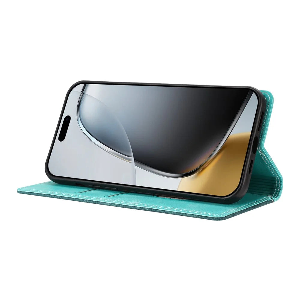 For iPhone 17 Leather Case Skin Touch Color Splicing RFID Blocking Wallet Stand Phone Cover - Green  /  Dark Green - 2