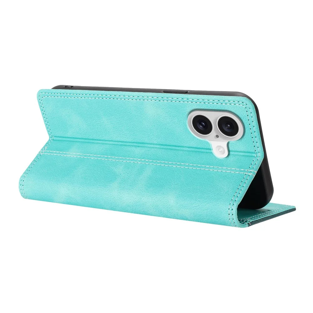 For iPhone 17 Leather Case Skin Touch Color Splicing RFID Blocking Wallet Stand Phone Cover - Green  /  Dark Green - 4
