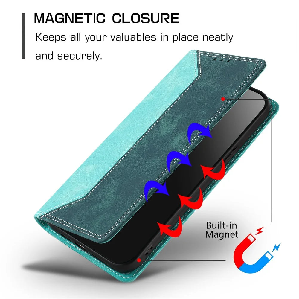 For iPhone 17 Leather Case Skin Touch Color Splicing RFID Blocking Wallet Stand Phone Cover - Green  /  Dark Green - 6