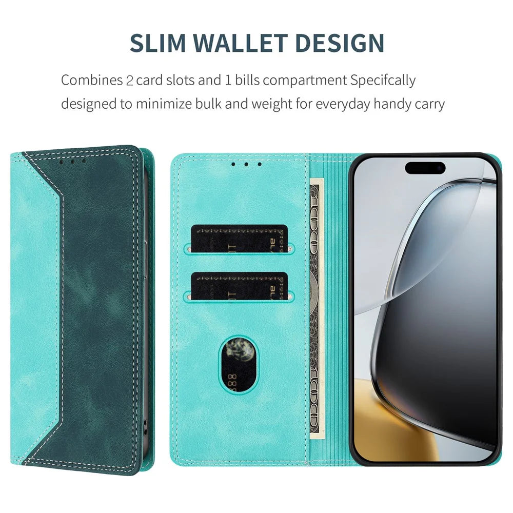 For iPhone 17 Leather Case Skin Touch Color Splicing RFID Blocking Wallet Stand Phone Cover - Green  /  Dark Green - 7
