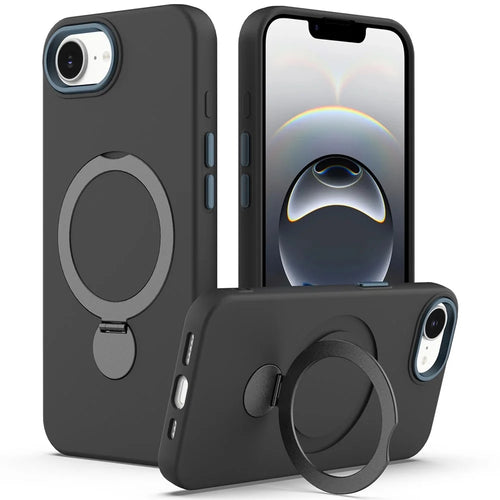 For iPhone 17e / 16e Case Compatible with MagSafe Rotating Ring Kickstand TPU + PC Phone Back Cover - Black - 1