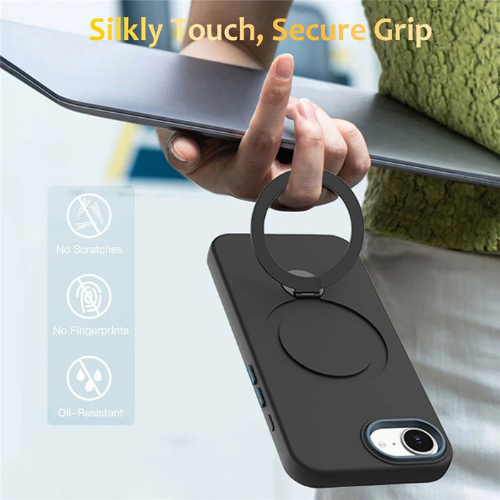 For iPhone 17e / 16e Case Compatible with MagSafe Rotating Ring Kickstand TPU + PC Phone Back Cover - Black - 2