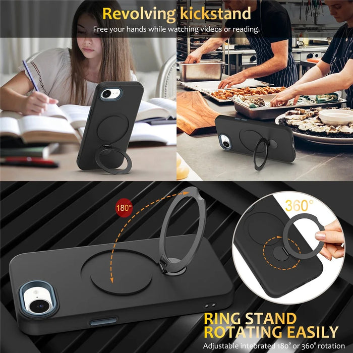 For iPhone 17e / 16e Case Compatible with MagSafe Rotating Ring Kickstand TPU + PC Phone Back Cover - Black - 5
