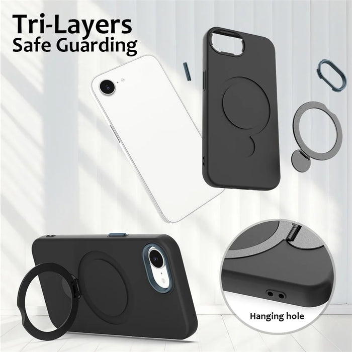 For iPhone 17e / 16e Case Compatible with MagSafe Rotating Ring Kickstand TPU + PC Phone Back Cover - Black - 6