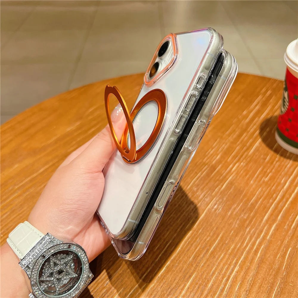 For iPhone 17 Case Compatible with MagSafe Rotating Kickstand Clear TPU Phone Cover - Orange - 2