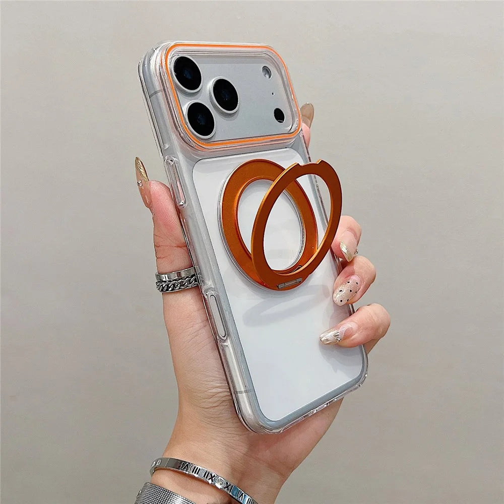 For iPhone 18 Pro / 17 Pro Case Compatible with MagSafe Rotating Kickstand Clear TPU Phone Cover - Orange - 1