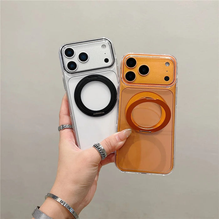 For iPhone 18 Pro / 17 Pro Case Compatible with MagSafe Rotating Kickstand Clear TPU Phone Cover - Orange - 3