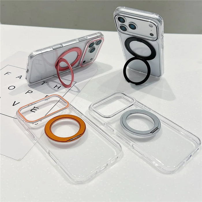 For iPhone 18 Pro / 17 Pro Case Compatible with MagSafe Rotating Kickstand Clear TPU Phone Cover - Orange - 4