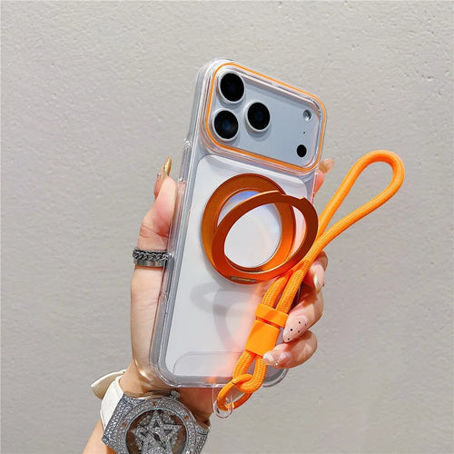 For iPhone 18 Pro Max / 17 Pro Max Case Compatible with MagSafe Rotating Kickstand Clear TPU Phone Cover with Wrist Strap - Orange - 1