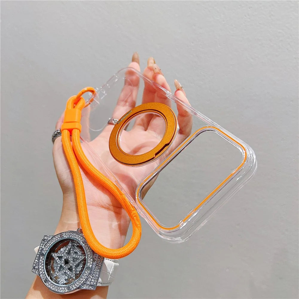For iPhone 18 Pro Max / 17 Pro Max Case Compatible with MagSafe Rotating Kickstand Clear TPU Phone Cover with Wrist Strap - Orange - 2