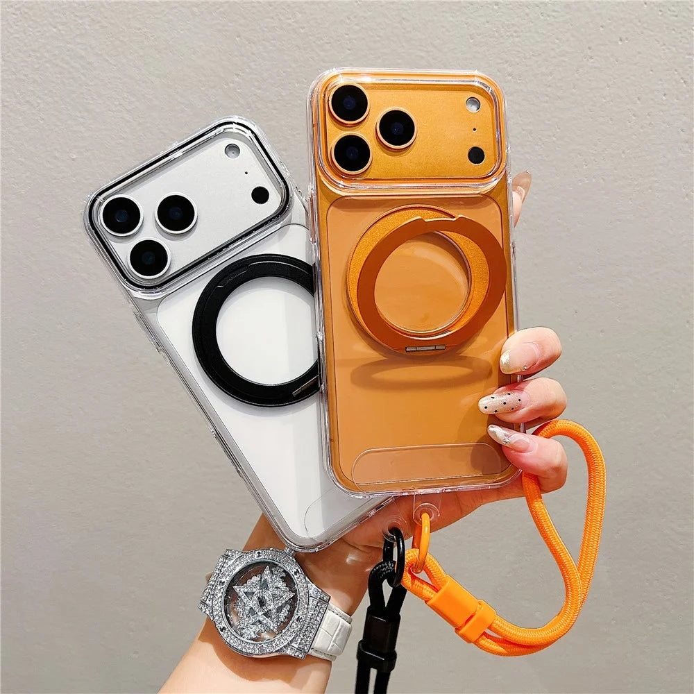 For iPhone 18 Pro Max / 17 Pro Max Case Compatible with MagSafe Rotating Kickstand Clear TPU Phone Cover with Wrist Strap - Orange - 3