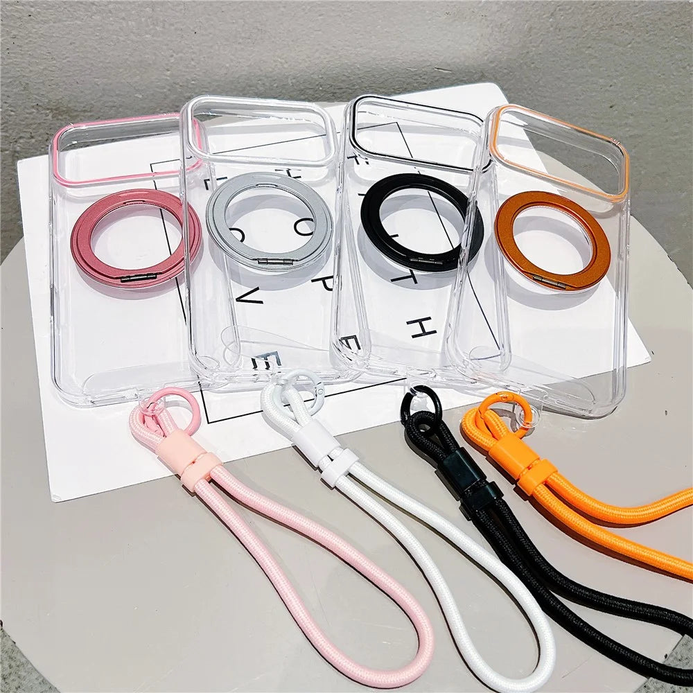 For iPhone 18 Pro Max / 17 Pro Max Case Compatible with MagSafe Rotating Kickstand Clear TPU Phone Cover with Wrist Strap - Orange - 4
