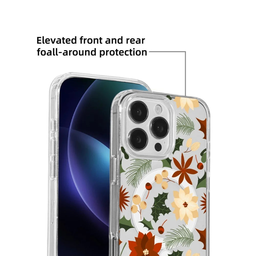 EYCASE For iPhone 16 Pro Christmas Series Case Gift  Clear Edge Pattern Print TPU + Acrylic Cover Compatible with MagSafe - Vintage Christmas Floral - 5