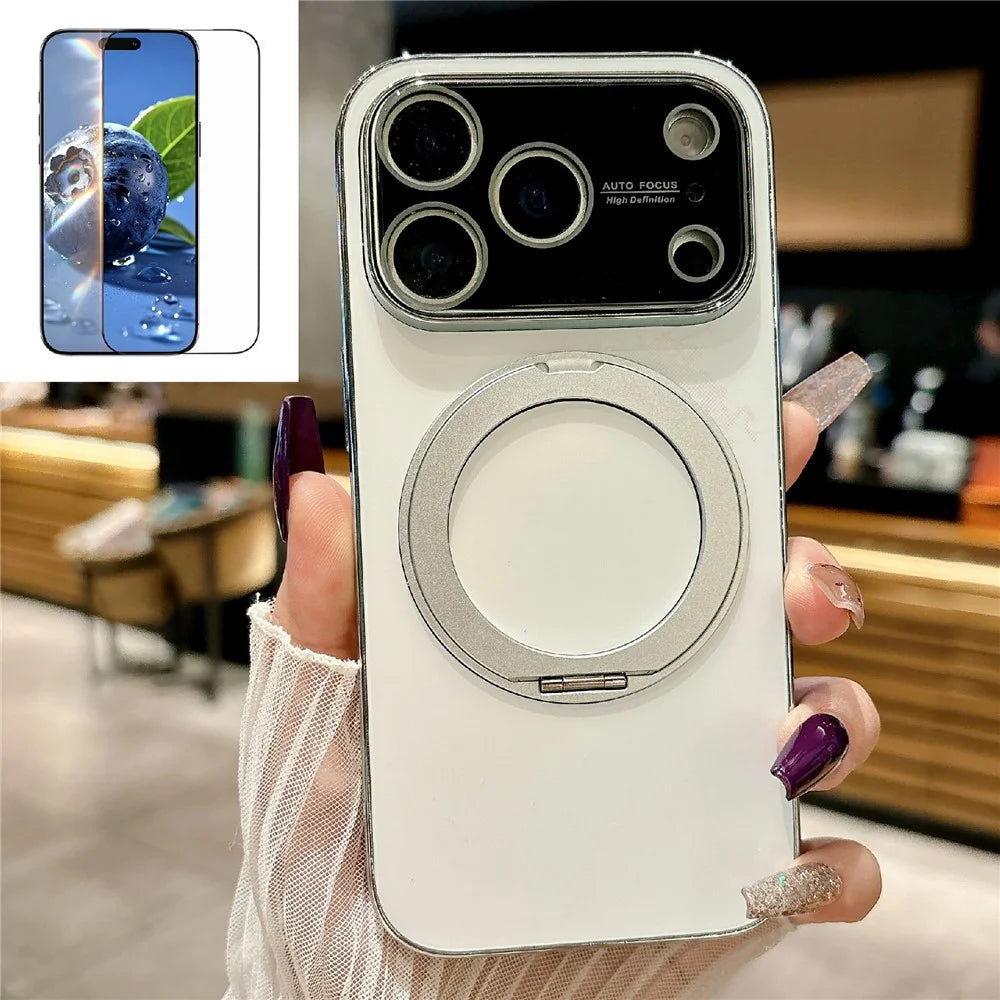 For iPhone 17 Pro Rotating Kickstand Case Compatible with MagSafe TPU Phone Cover with Screen Protector - White - 1