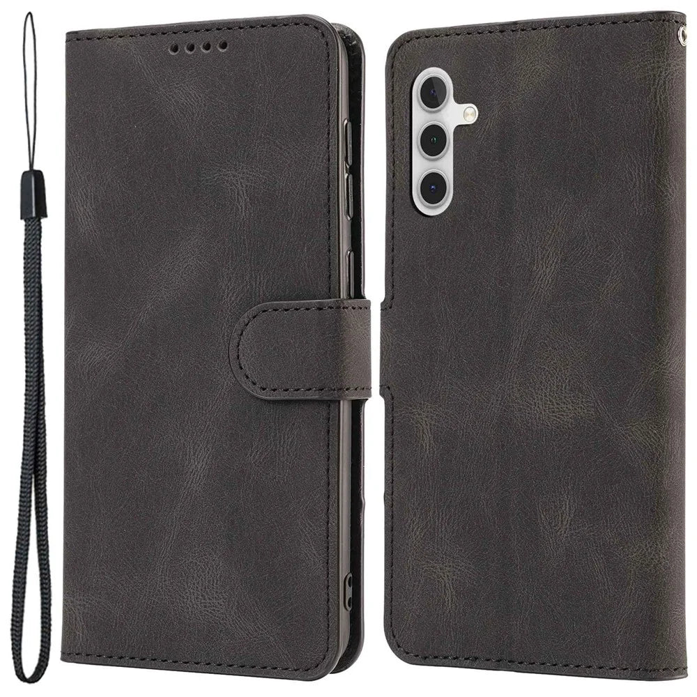 For Samsung Galaxy A14 5G / A14 4G PU Leather Phone Case Magnetic Clasp Stand Wallet Inner TPU Cover with Strap - Black - 1