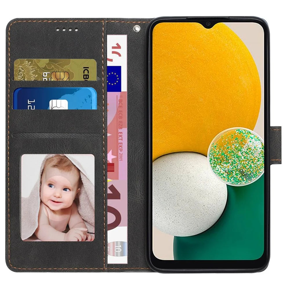 For Samsung Galaxy A14 5G / A14 4G PU Leather Phone Case Magnetic Clasp Stand Wallet Inner TPU Cover with Strap - Black - 2