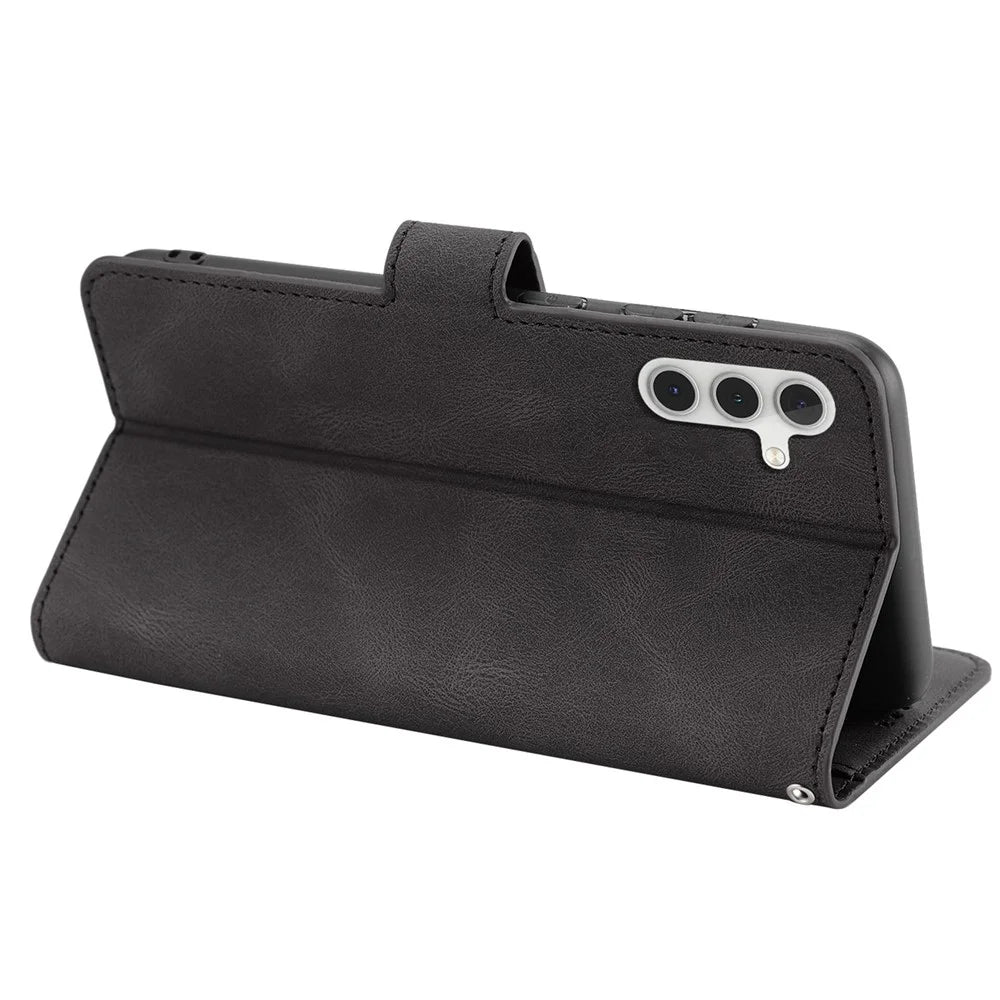 For Samsung Galaxy A14 5G / A14 4G PU Leather Phone Case Magnetic Clasp Stand Wallet Inner TPU Cover with Strap - Black - 4