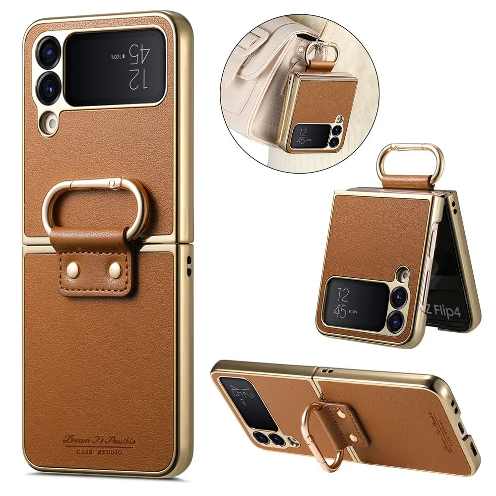 For Samsung Galaxy Z Flip4 5G Case Electroplating Leather Coated PC Phone Cover with Spring Ring Buckle Kickstand - Brown - 1